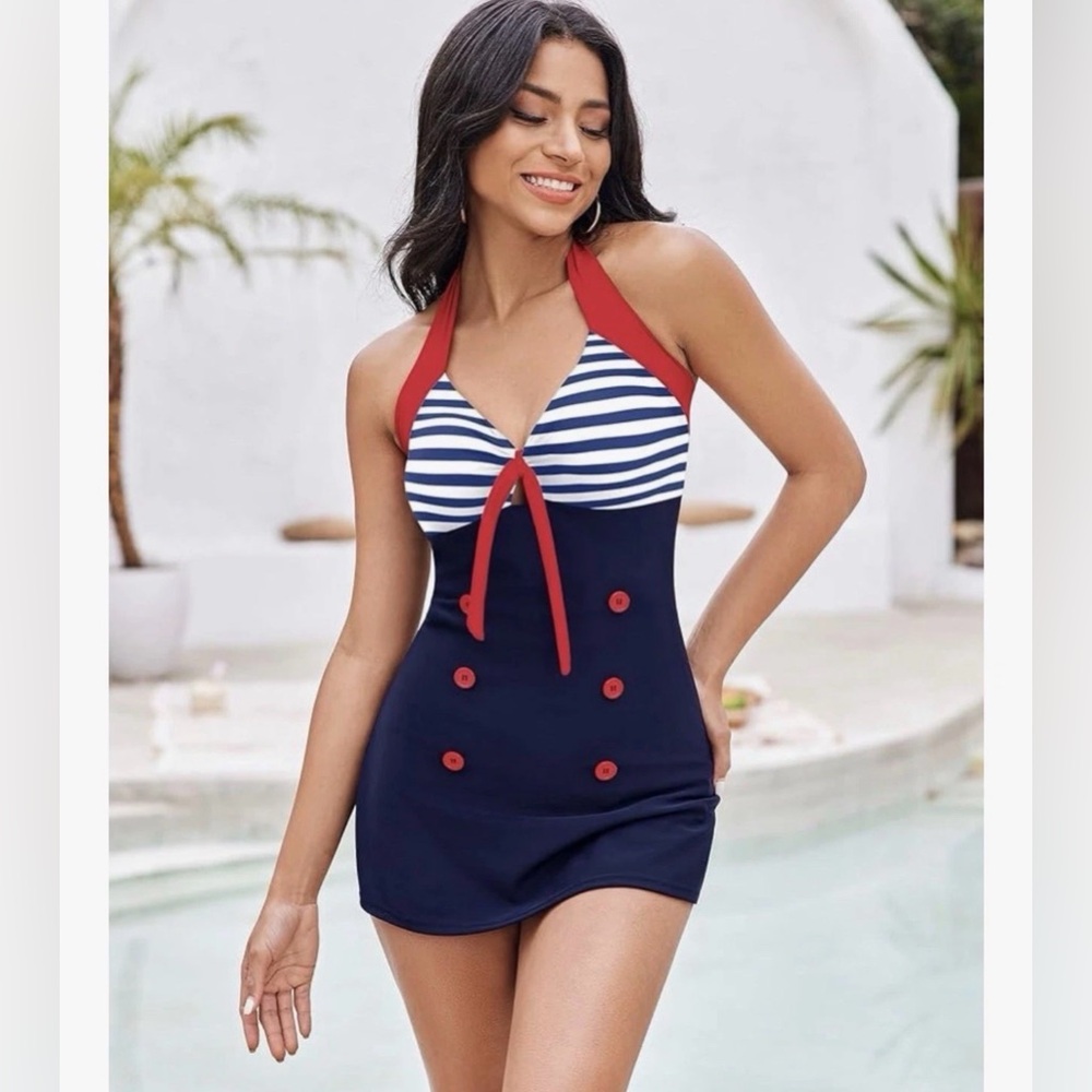 Ekouaer Womens One Piece Swimsuits Vintage Striped Skirt Bathing Suit LARGE - Picture 1 of 7